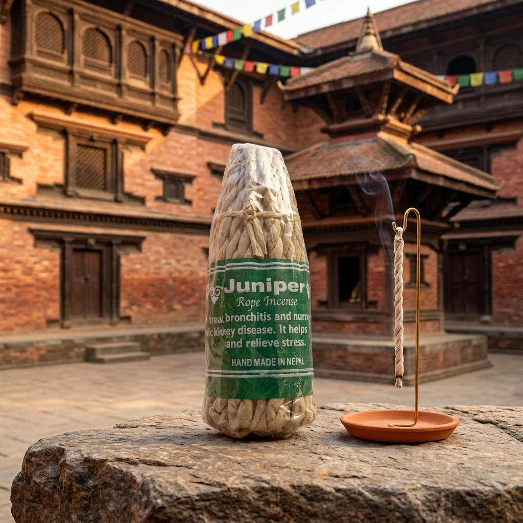 Incenso a corda nepalese Juniper (Ginepro), su una roccia con portaincenso e architettura Newari sullo sfondo
