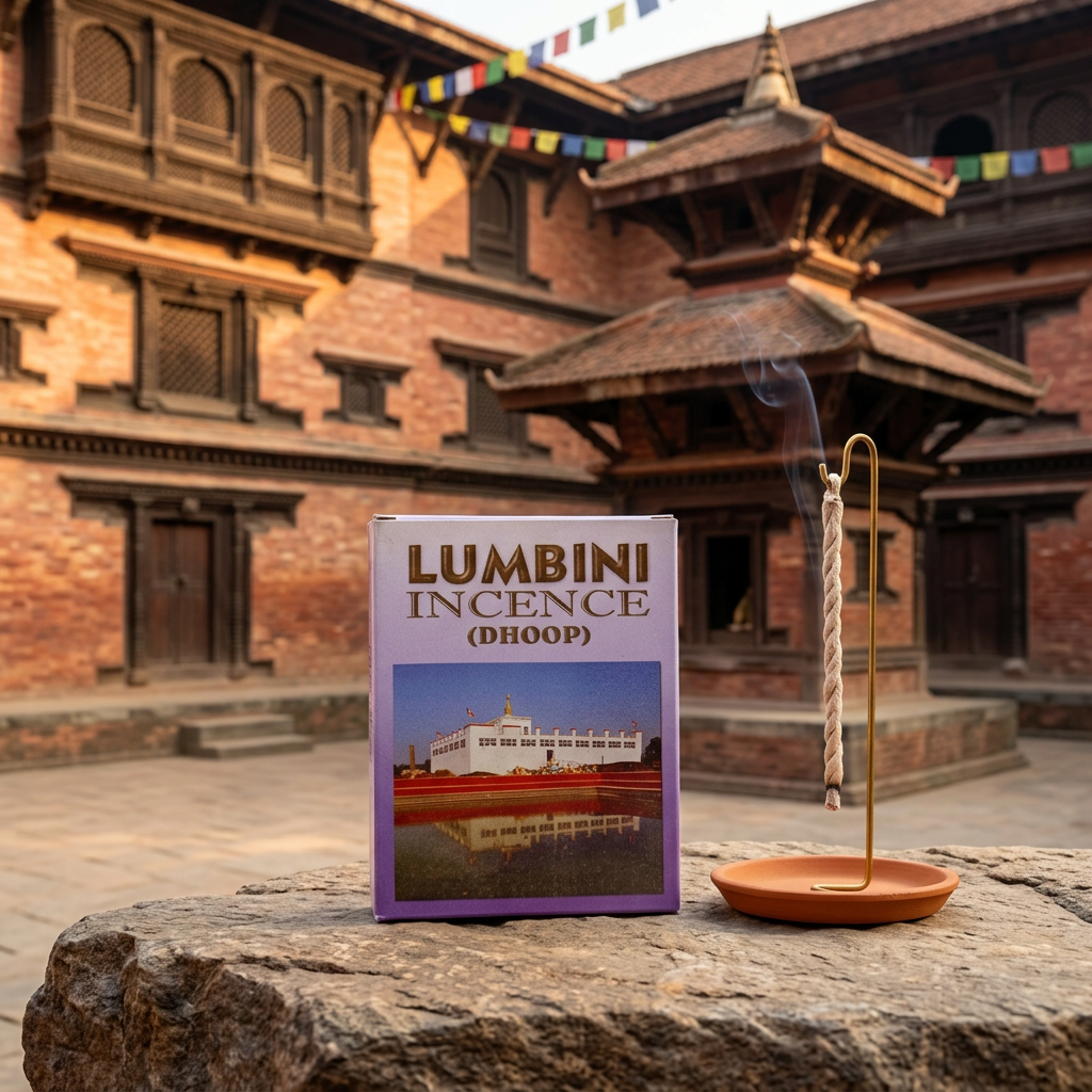Incenso a corda nepalese Lumbini in confezione doppia, su una roccia con portaincenso e architettura Newari sullo sfondo