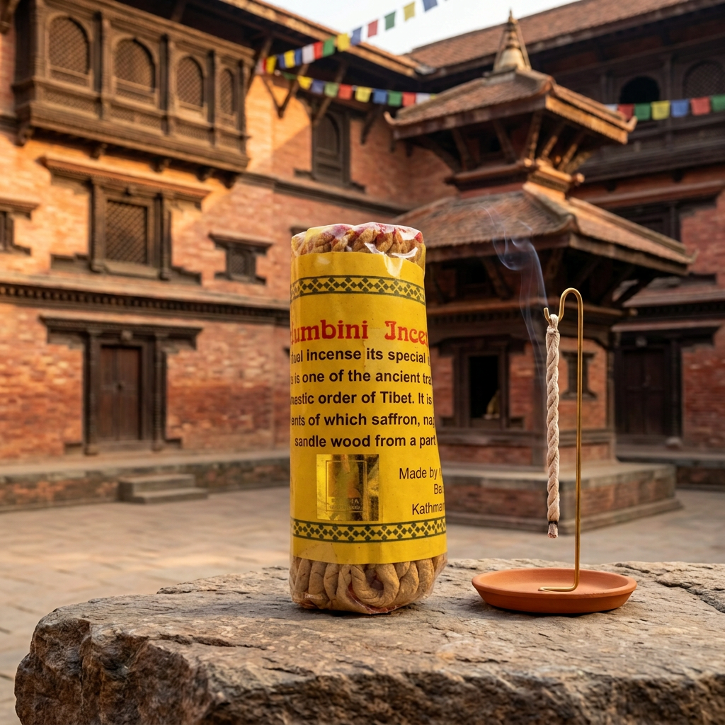 Incenso a corda nepalese Lumbini a mazzetto singolo, su una roccia con portaincenso e architettura Newari sullo sfondo