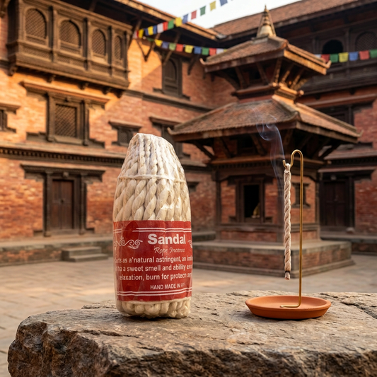 Incenso a corda nepalese Sandal (Sandalo), su una roccia con portaincenso e architettura Newari sullo sfondo