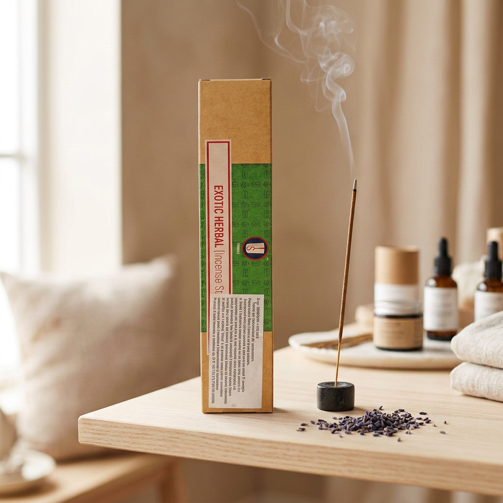 Incenso Shrinivas Exotic Herbal (Erbe Esotiche) su mensola in legno chiaro, accanto a un bastoncino acceso