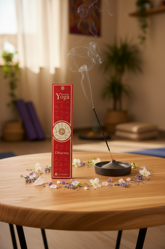 Astuccio incenso Yoga Dharma Fiore d'Oriente acceso su tavolino in un ambiente yoga di erboristeria La Clessidra