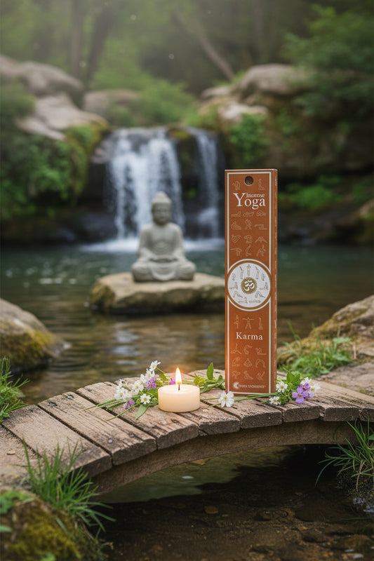 Confezione incenso naturale Karma Fiore d'Oriente su ponticello di legno con candela, cascata e statua di Buddha