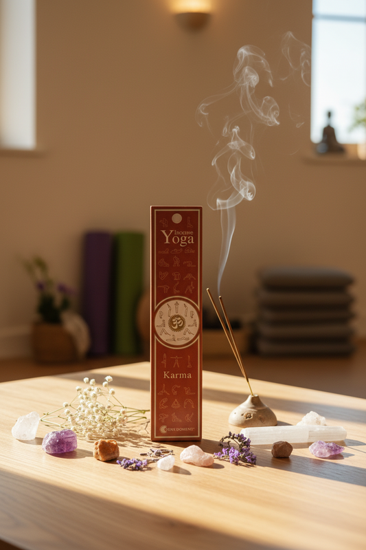 Astuccio incenso Yoga Karma Fiore d'Oriente acceso su tavolino in un ambiente yoga di erboristeria La Clessidra.