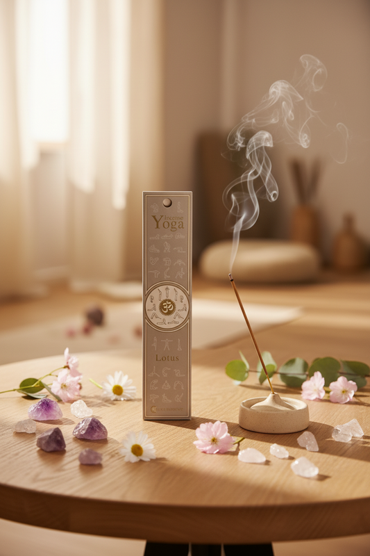 Astuccio incenso olistico Yoga Lotus Fiore d'Oriente su tavolo di legno in una sala da meditazione Erboristeria La Clessidra Carpi.