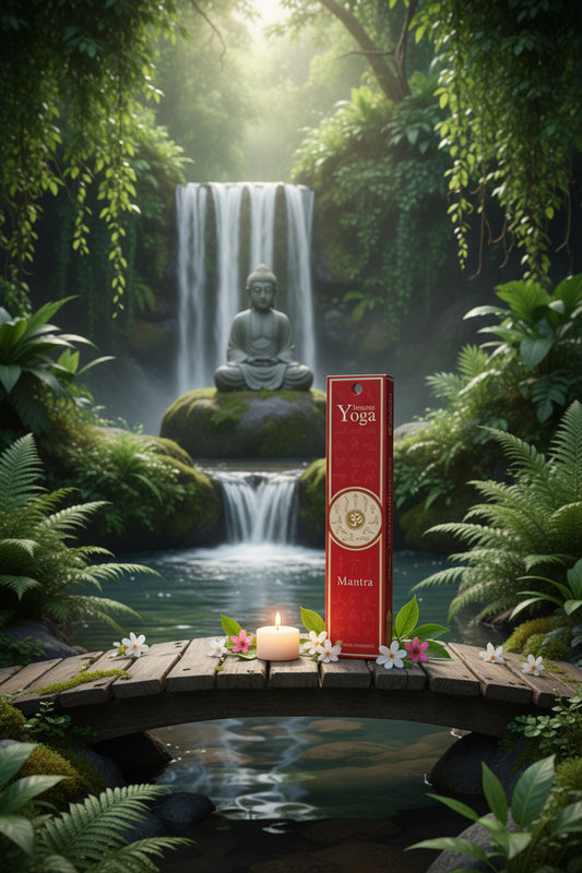 Confezione incenso naturale Mantra Fiore d'Oriente su ponticello di legno con candela, cascata e statua di Buddha.