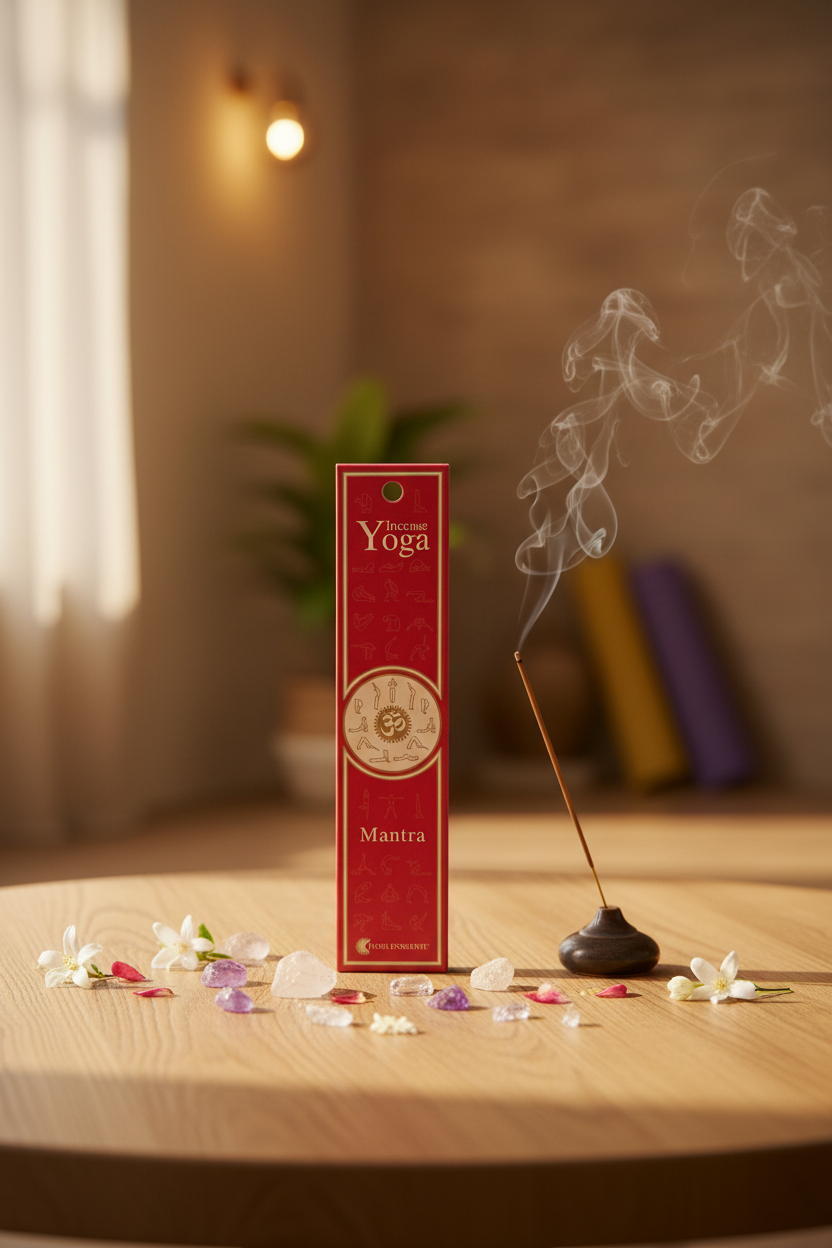 Astuccio incenso Yoga Mantra Fiore d'Oriente acceso su tavolino in un ambiente yoga di erboristeria La Clessidra