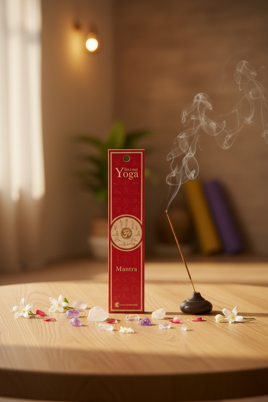 Astuccio incenso Yoga Mantra Fiore d'Oriente acceso su tavolino in un ambiente yoga di erboristeria La Clessidra