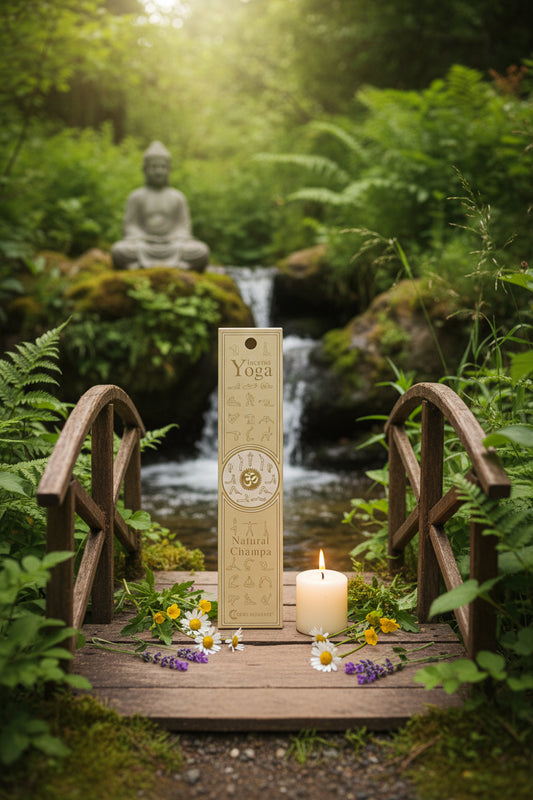 Confezione incenso naturale Natural Champa Fiore d'Oriente su un ponticello decorativo con candelina accesa e Buddha in pietra.