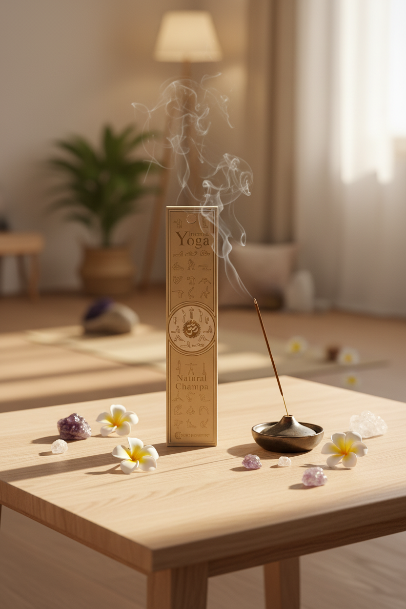 Astuccio incenso profumato Yoga Natural Champa Fiore d'Oriente su tavolo in legno in una stanza olistica  Erboristeria La Clessidra Carpi.