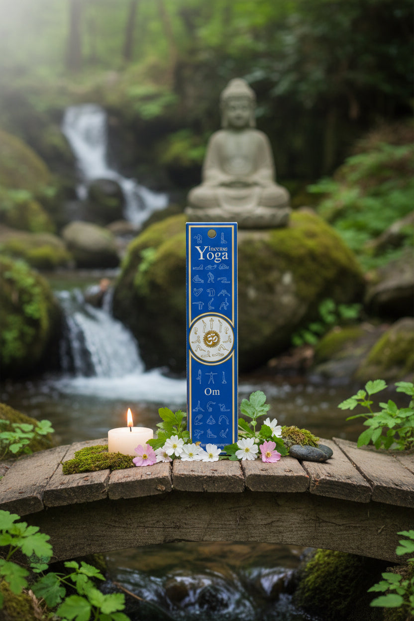 Confezione incenso naturale Om Fiore d'Oriente su ponticello di legno con candela, cascata e statua di Buddha La Cessidra.