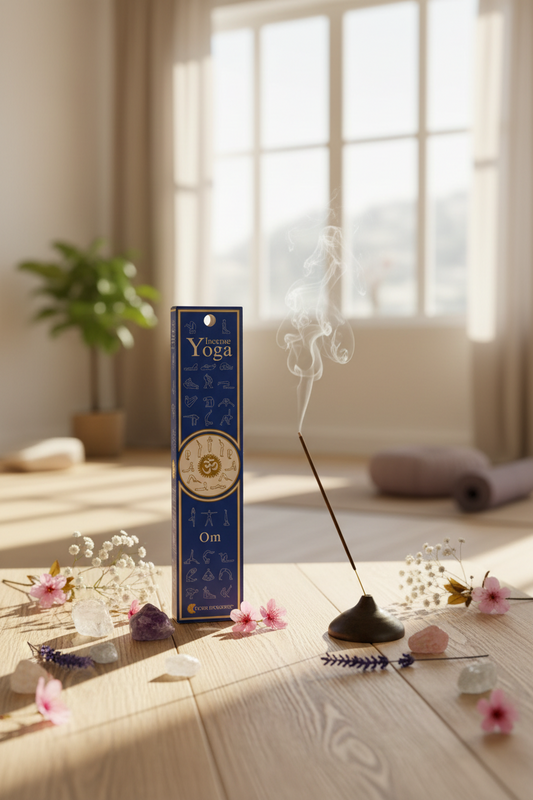 Astuccio incenso Yoga Om Fiore d'Oriente acceso su tavolino in un ambiente yoga erboristeria La Clessidra Carpi