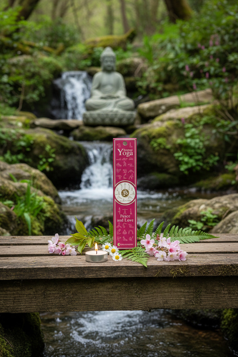 Confezione incenso naturale Peace and Love Fiore d'Oriente su ponticello di legno con candela, cascata e statua di Buddha La Clessidra Carpi