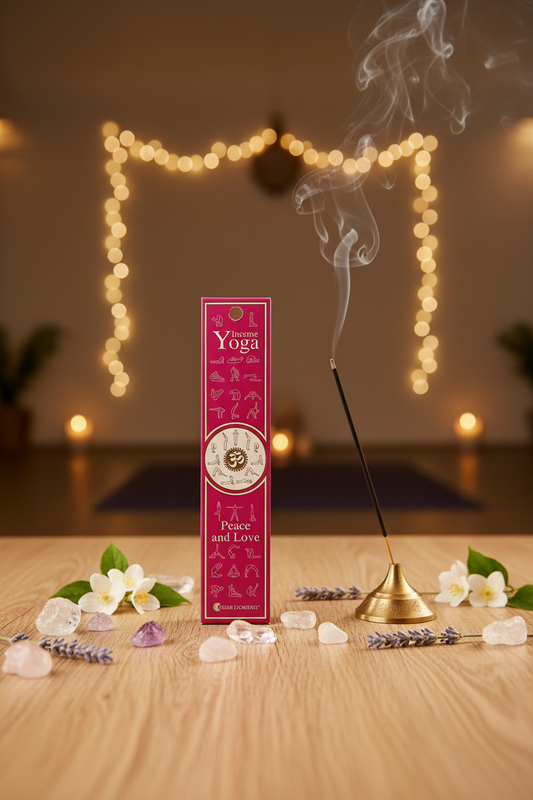 Astuccio incenso Yoga Peace and Love Fiore d'Oriente acceso su tavolino in un ambiente yoga erboristeria La Clessidra Carpi