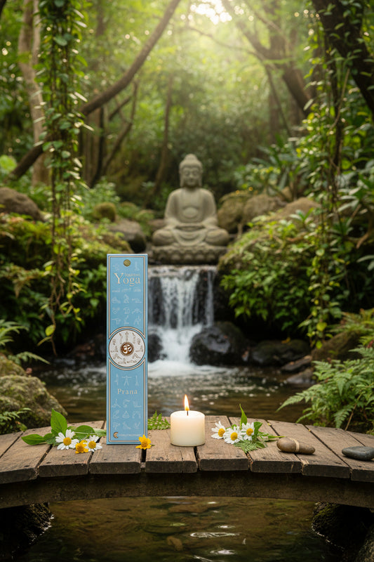 Confezione incenso naturale Prana Fiore d'Oriente esposta vicino a una statua di Buddha in pietra con candela accesa e piccola cascata.