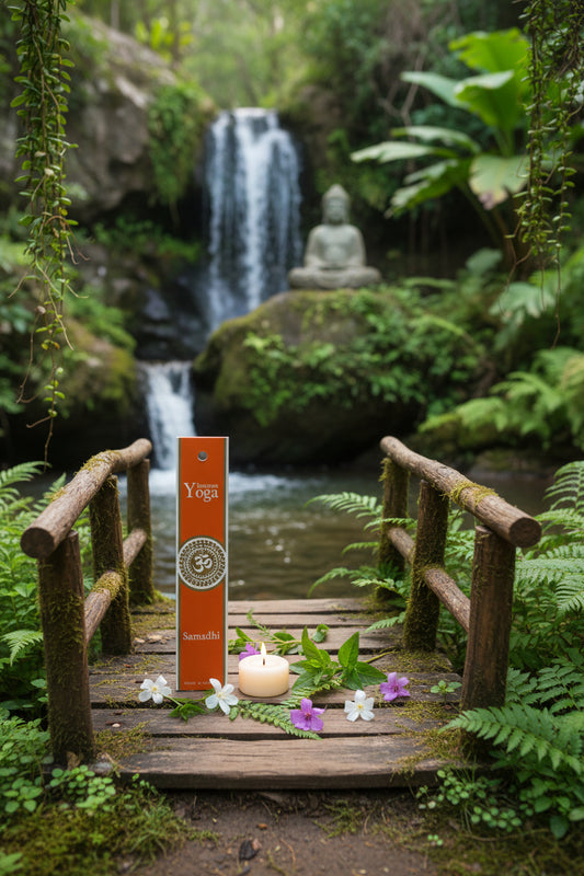 Confezione incenso naturale Samadhi Fiore d'Oriente poggiata su un piccolo ponte in legno decorativo con acqua corrente e candelina