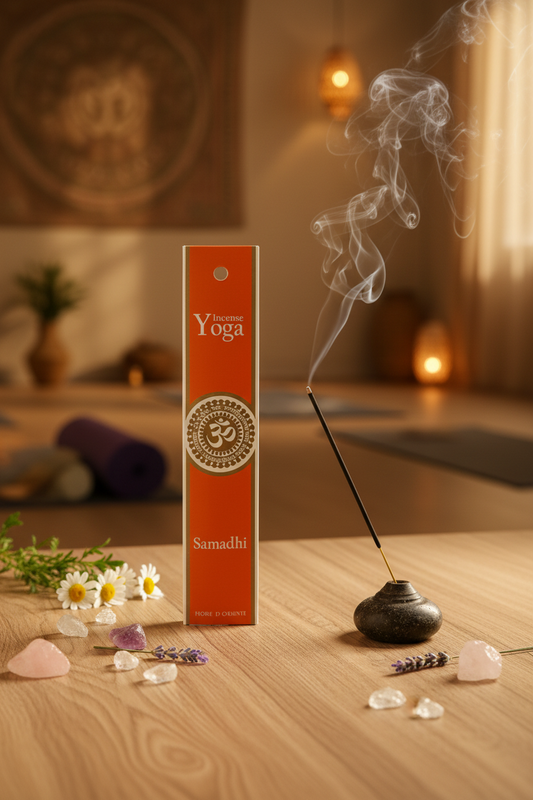 Astuccio incenso da meditazione Yoga Samadhi Fiore d'Oriente acceso in una stanza dedicata alle discipline orientali di Erboristeria La Clessidra Carpi