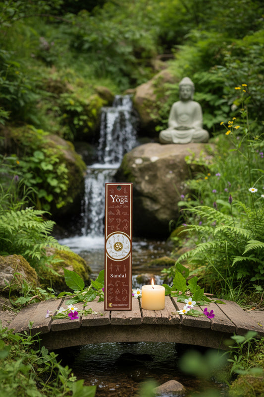 Confezione incenso naturale Sandal Fiore d'Oriente su un ponticello in legno con statua di Buddha in pietra, candela accesa e cascata