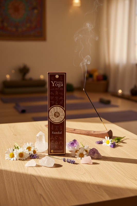 Astuccio incenso protettivo Yoga Sandal Fiore d'Oriente esposto su tavolo in legno in una sala meditazione  Erboristeria La Clessidra Carpi.