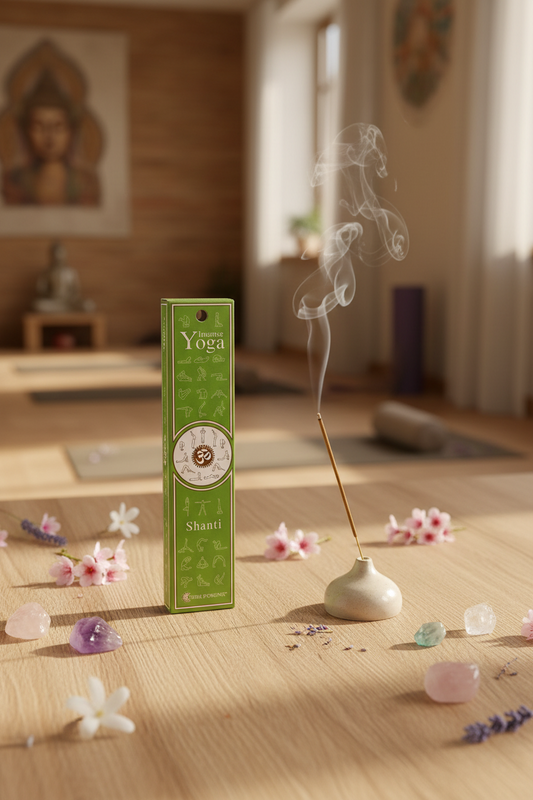 Astuccio incenso rilassante Yoga Shanti Fiore d'Oriente sul tavolo in legno durante una seduta di rilassamento da Erboristeria La Clessidra Carpi.