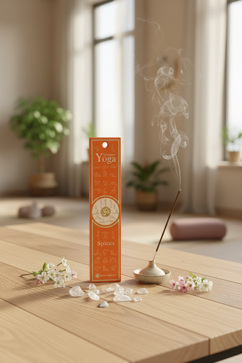 Astuccio incenso energetico Yoga Spices Fiore d'Oriente posizionato su un tavolo in legno durante una seduta olistica  Erboristeria La Clessidra Carpi.