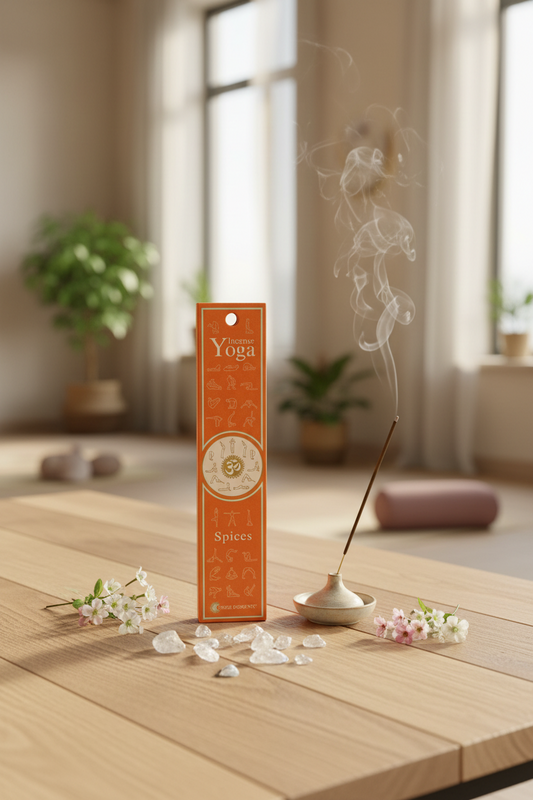 Astuccio incenso energetico Yoga Spices Fiore d'Oriente posizionato su un tavolo in legno durante una seduta olistica  Erboristeria La Clessidra Carpi.