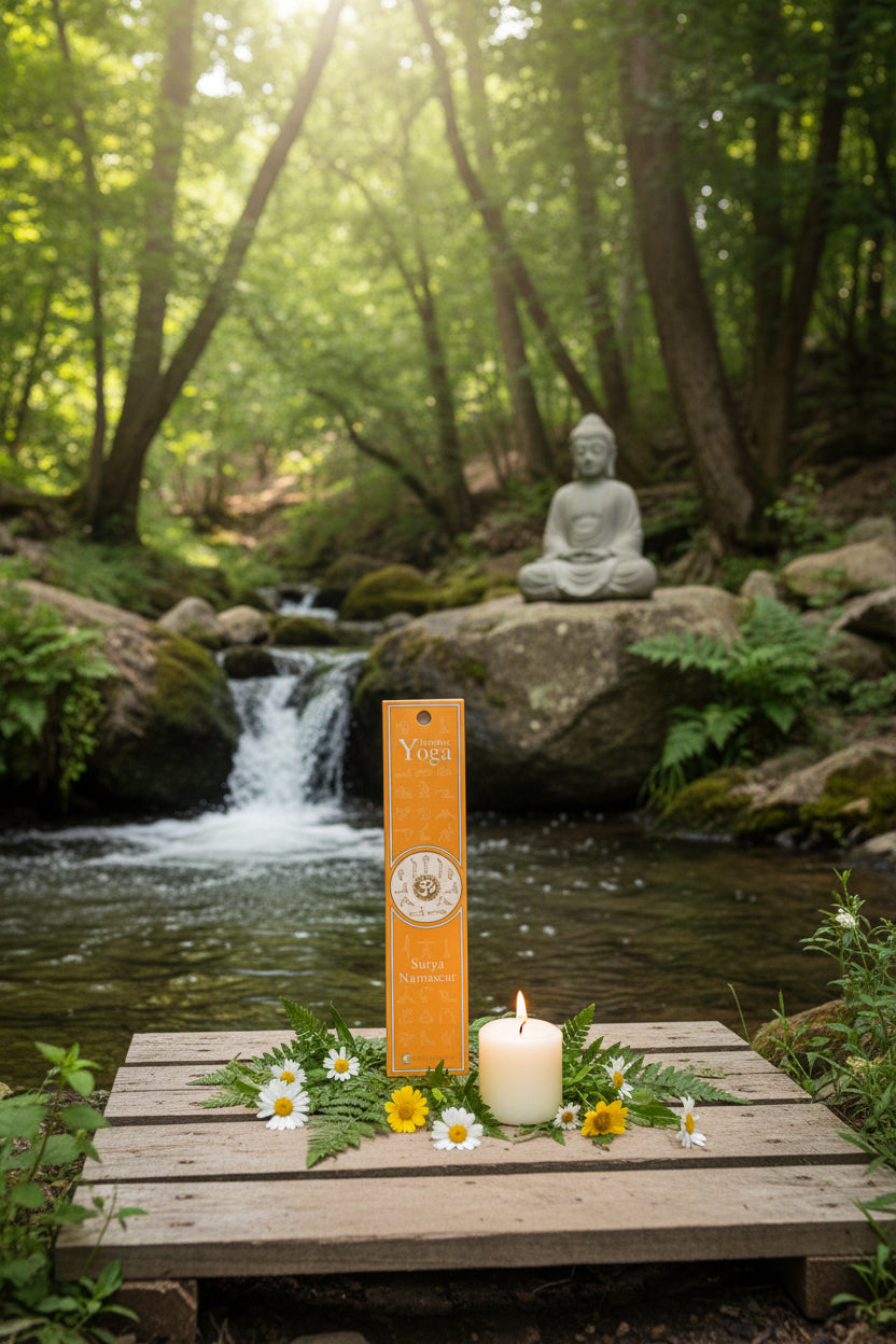 Confezione incenso naturale Surya Namaskar Fiore d'Oriente su un ponte in legno con statua di Buddha in pietra e candelina accesa.