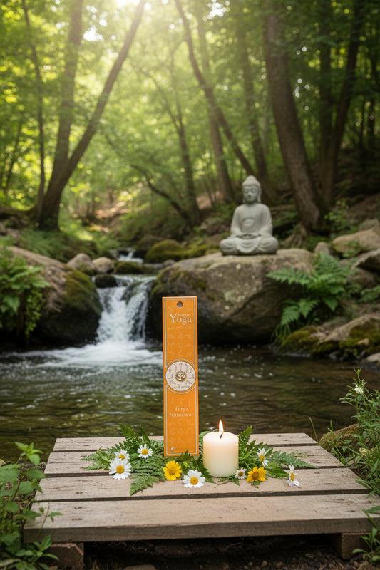 Confezione incenso naturale Surya Namaskar Fiore d'Oriente su un ponte in legno con statua di Buddha in pietra e candelina accesa.