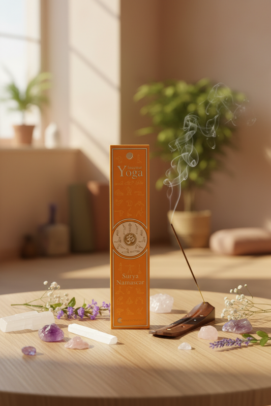 Astuccio incenso energetico Yoga Surya Namaskar Fiore d'Oriente posizionato su un tavolo in legno Erboristeria La Clessidra Carpi