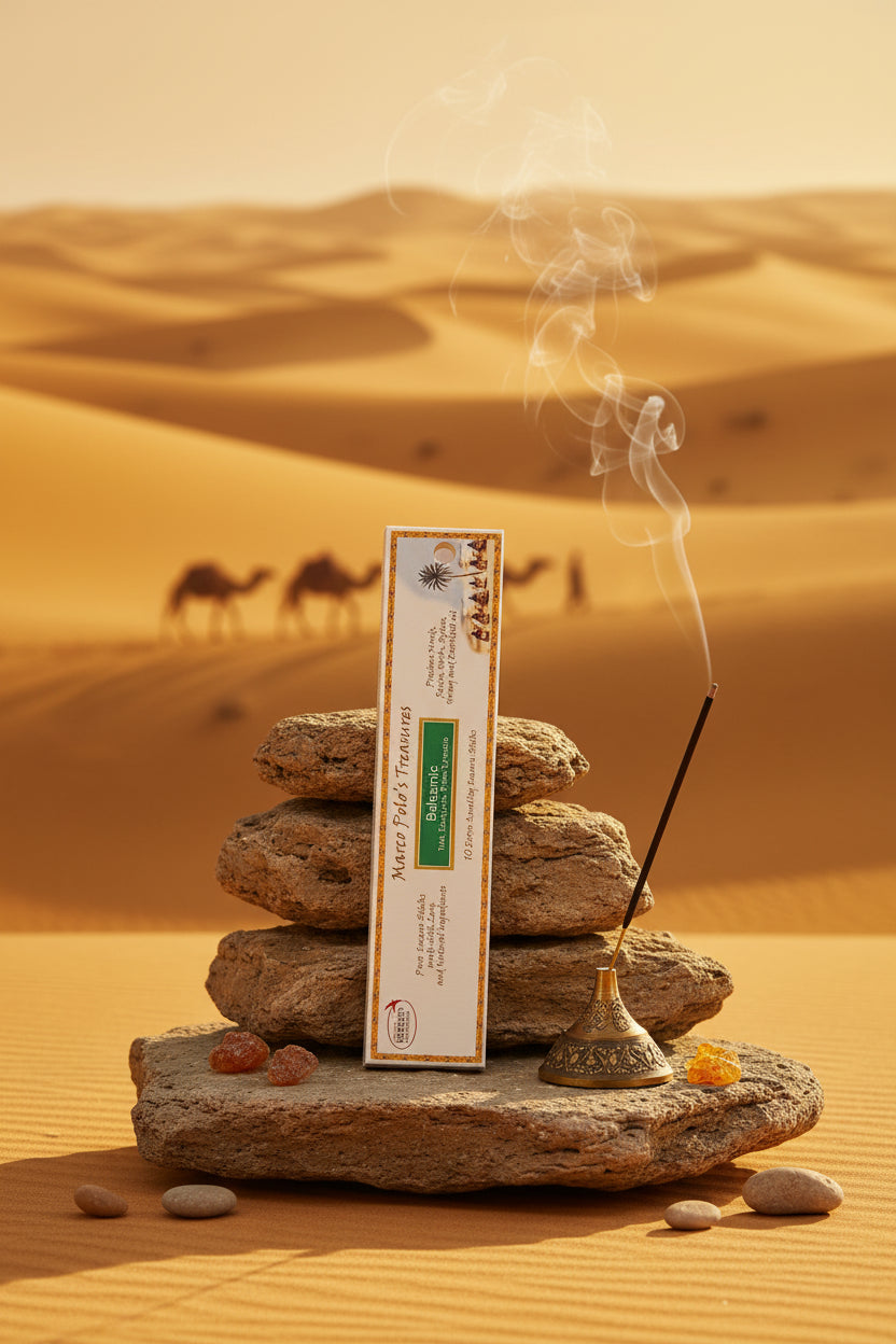 Incenso biologico Balsamic Fiore d'Oriente Linea Marco Polo's Treasures in verticale su una roccia nel deserto al tramonto con carovana sullo sfondo, acquistabile da Erboristeria La Clessidra Carpi.
