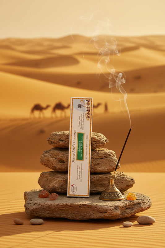 Incenso biologico Balsamic Fiore d'Oriente Linea Marco Polo's Treasures in verticale su una roccia nel deserto al tramonto con carovana sullo sfondo, acquistabile da Erboristeria La Clessidra Carpi.