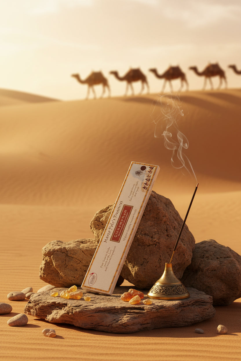 Incenso biologico Cinnamomum Fiore d'Oriente Linea Marco Polo's Treasures posizionato in verticale su una roccia nel deserto al tramonto con carovana sullo sfondo, acquistabile online e in negozio da Erboristeria La Clessidra Carpi.