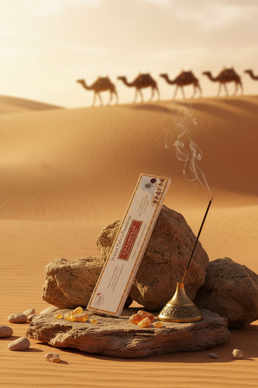 Incenso biologico Cinnamomum Fiore d'Oriente Linea Marco Polo's Treasures posizionato in verticale su una roccia nel deserto al tramonto con carovana sullo sfondo, acquistabile online e in negozio da Erboristeria La Clessidra Carpi.