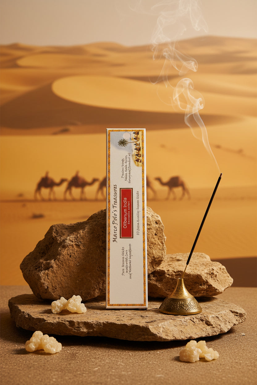 Incenso Olibanum India resina Boswellia carterii Fiore d'Oriente Linea Marco Polo's Treasures su roccia nel deserto al tramonto con carovana, da Erboristeria La Clessidra Carpi.