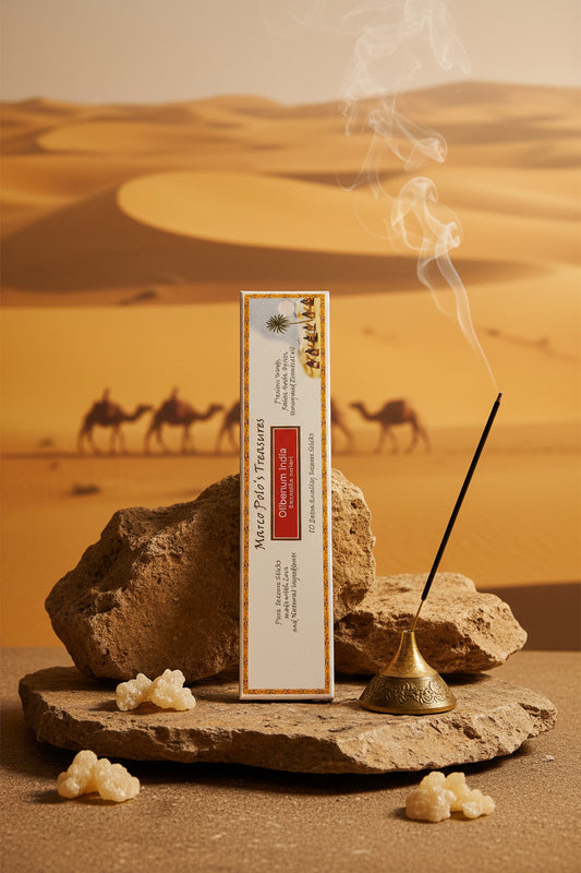 Incenso Olibanum India resina Boswellia carterii Fiore d'Oriente Linea Marco Polo's Treasures su roccia nel deserto al tramonto con carovana, da Erboristeria La Clessidra Carpi.