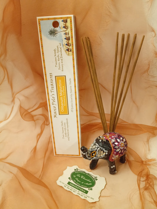 Incenso Olibanum Migiurtino Fiore d'Oriente Linea Marco Polo's Treasures con astuccio visibile, mazzetto di incensi ed elefantino portaincenso esposto in negozio da Erboristeria La Clessidra Carpi.