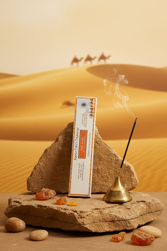 Incenso Palo Santo legno sacro Bursera graveolens Fiore d'Oriente Linea Marco Polo's Treasures su roccia nel deserto al tramonto con carovana, da Erboristeria La Clessidra Carpi.