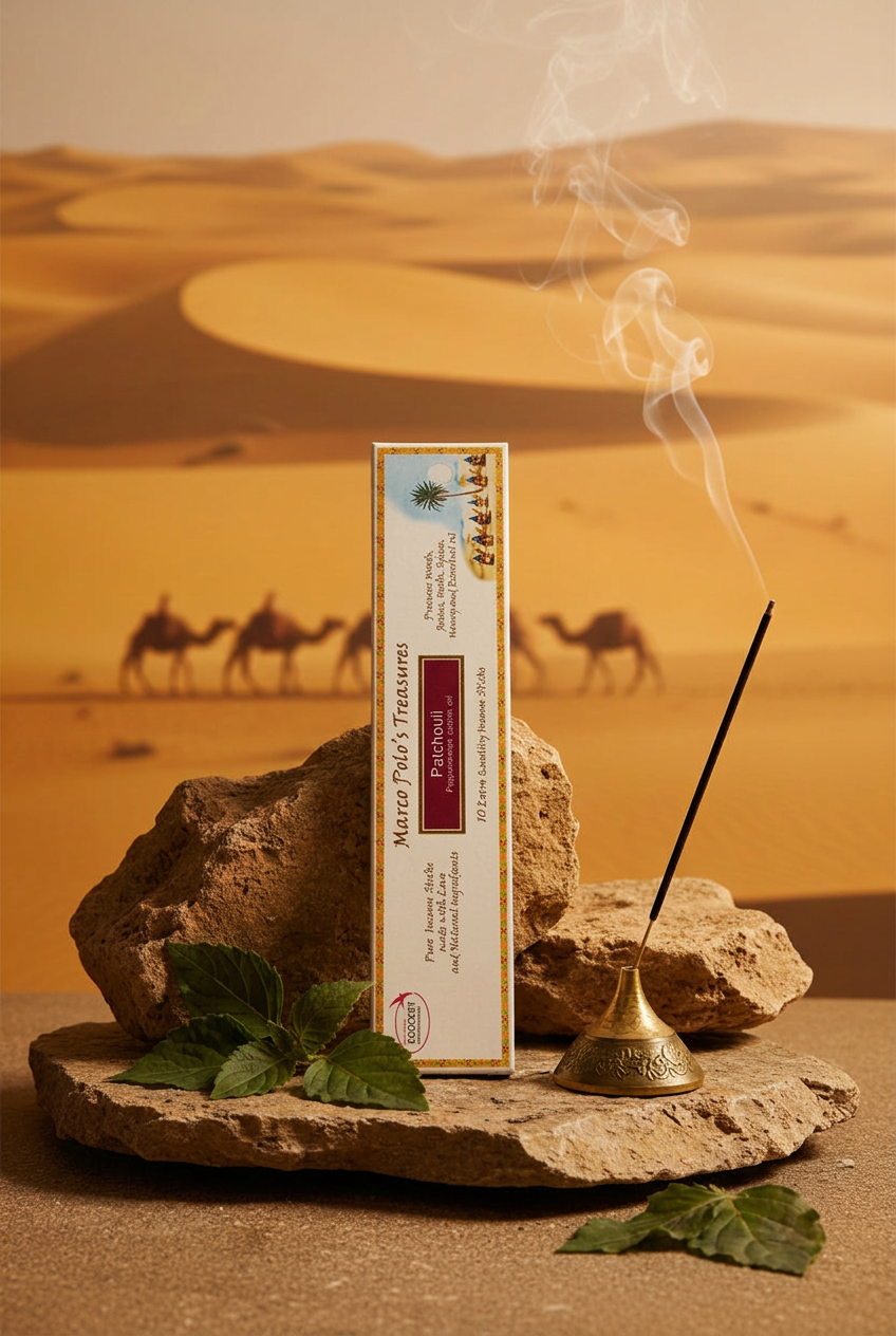 Incenso Patchouli Fiore d’Oriente Linea Marco Polo’s Treasures su roccia con foglie di patchouli e uno stick acceso, sullo sfondo di un deserto dorato con carovana