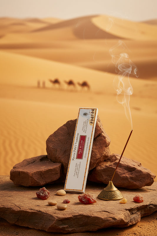 Incenso Red Myrrh Mirra Rossa resina Commiphora myrrha Fiore d'Oriente Linea Marco Polo's Treasures su roccia nel deserto al tramonto con carovana, da Erboristeria La Clessidra Carpi.