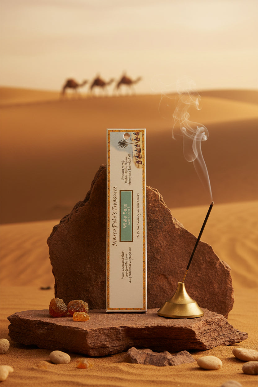 Incenso biologico White Sage Fiore d'Oriente su roccia nel deserto al tramonto con carovana, in vendita da Erboristeria La Clessidra Carpi.
