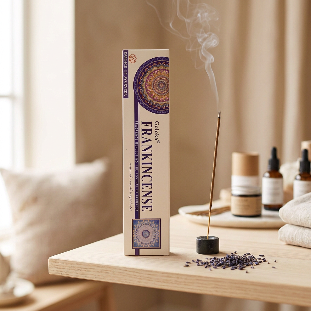 Incenso Goloka Frankincense (Olibano) su mensola in legno chiaro, accanto a un bastoncino acceso