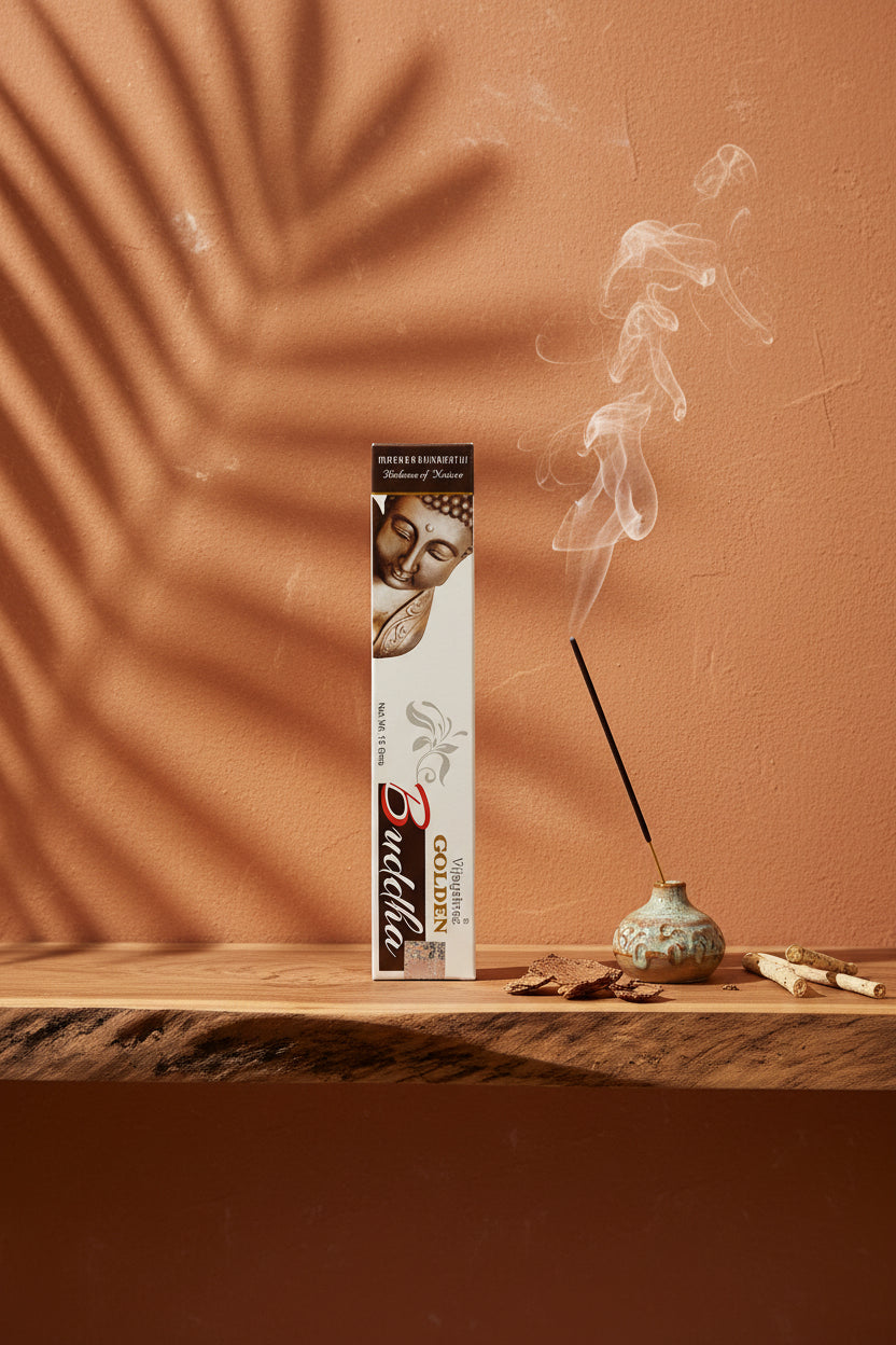 Astuccio di Incenso Golden Nag Buddha (Buddha) Vijayshree su mensola di legno grezzo davanti a parete terracotta con ombre di foglie di palma, portaincenso artigianale con stick e scaglie di corteccia, da Erboristeria La Clessidra Carpi.