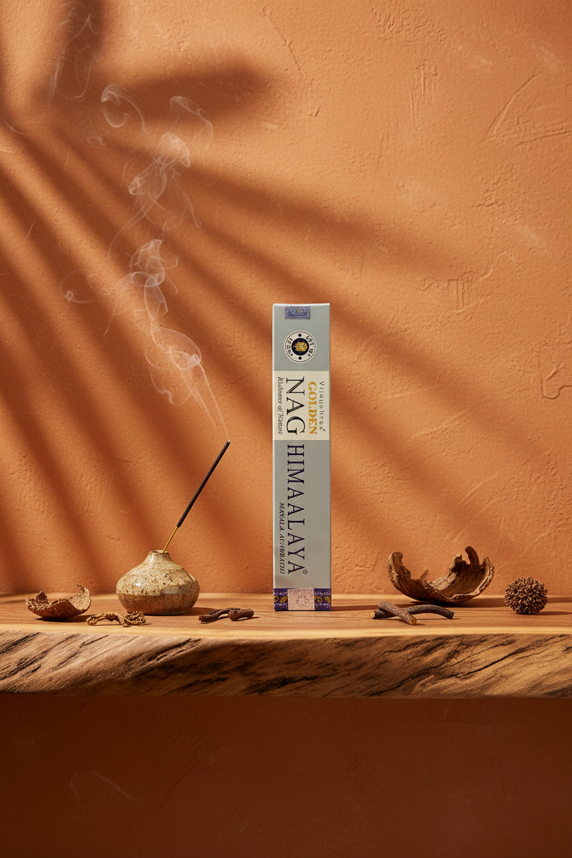 Astuccio di Incenso Golden Nag Himaalaya Vijayshree su mensola di legno grezzo davanti a parete terracotta con ombre di foglie di palma, portaincenso artigianale con stick e scaglie di corteccia, da Erboristeria La Clessidra Carpi