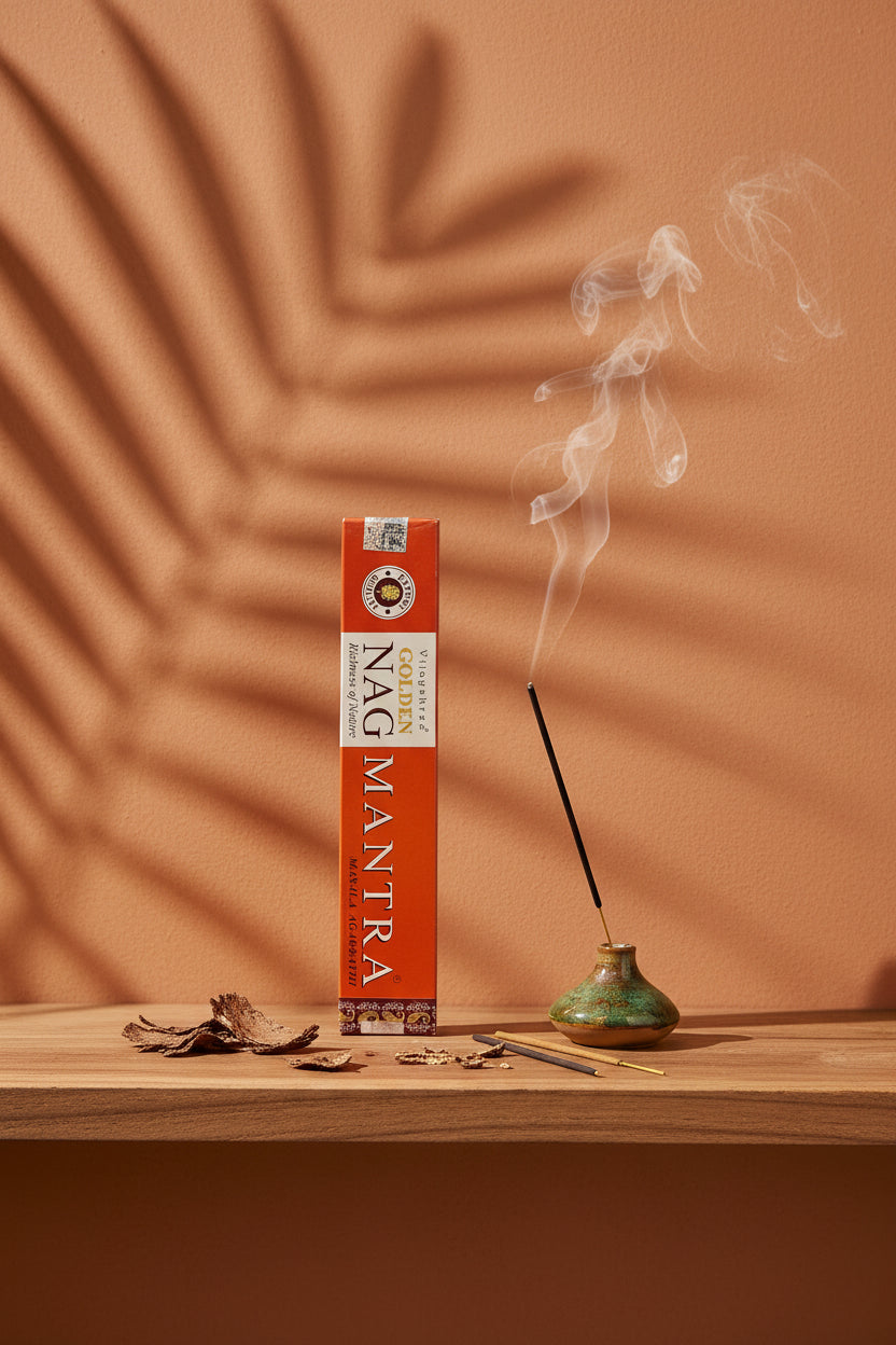 Astuccio di Incenso Golden Nag Mantra Vijayshree su mensola di legno grezzo davanti a parete terracotta con ombre di foglie di palma, portaincenso artigianale con stick e scaglie di corteccia, da Erboristeria La Clessidra Carpi