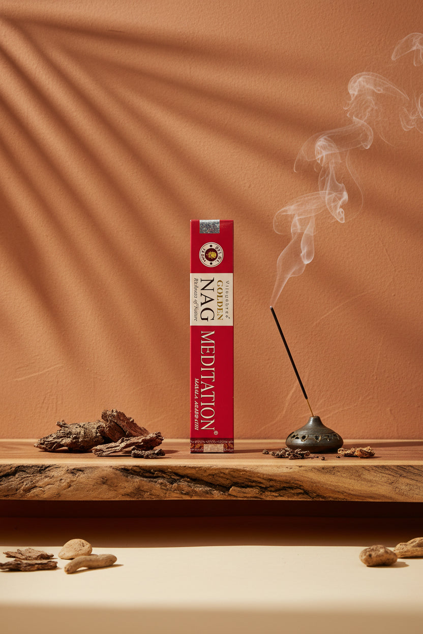 Astuccio di Incenso Golden Nag Meditation Vijayshree su mensola di legno grezzo davanti a parete terracotta con ombre di foglie di palma, portaincenso artigianale con stick e scaglie di corteccia, da Erboristeria La Clessidra Carpi.