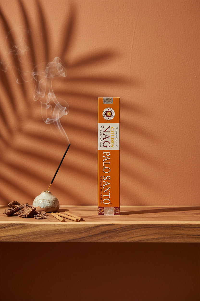 Astuccio di Incenso Golden Nag Palo Santo Vijayshree su mensola di legno grezzo davanti a parete terracotta con ombre di foglie di palma, portaincenso artigianale con stick e scaglie di corteccia, da Erboristeria La Clessidra Carpi
