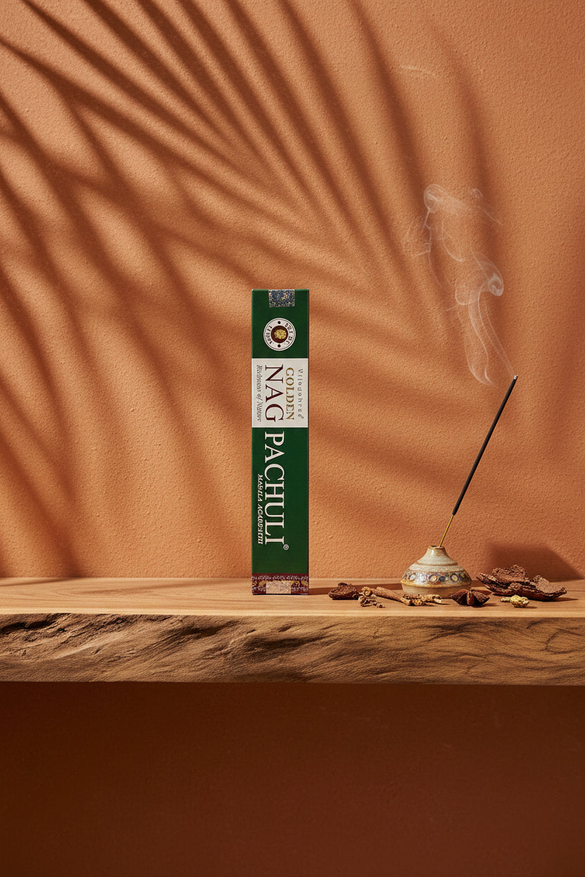 Astuccio di Incenso Golden Nag Patchouli Vijayshree su mensola di legno grezzo davanti a parete terracotta con ombre di foglie di palma, portaincenso artigianale con stick e scaglie di corteccia, da Erboristeria La Clessidra Carpi.