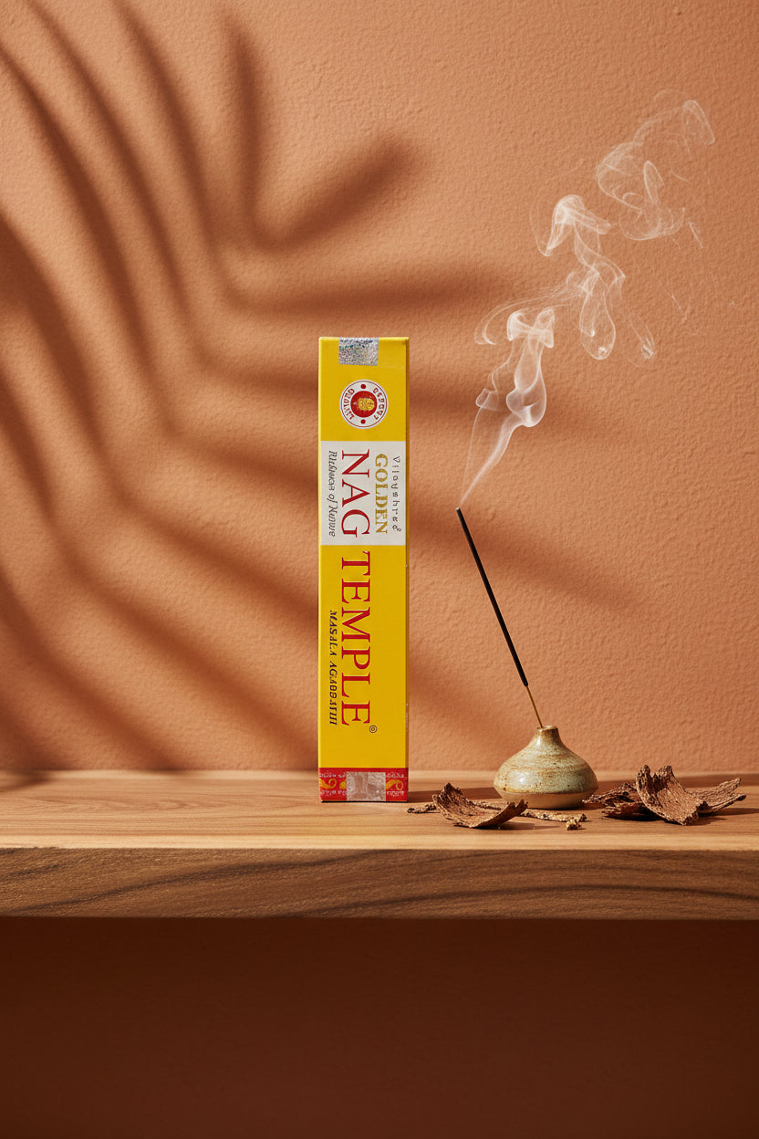 Astuccio di Incenso Golden Nag Temple Vijayshree su mensola di legno grezzo davanti a parete terracotta con ombre di foglie di palma, portaincenso artigianale con stick e scaglie di corteccia, da Erboristeria La Clessidra Carpi.