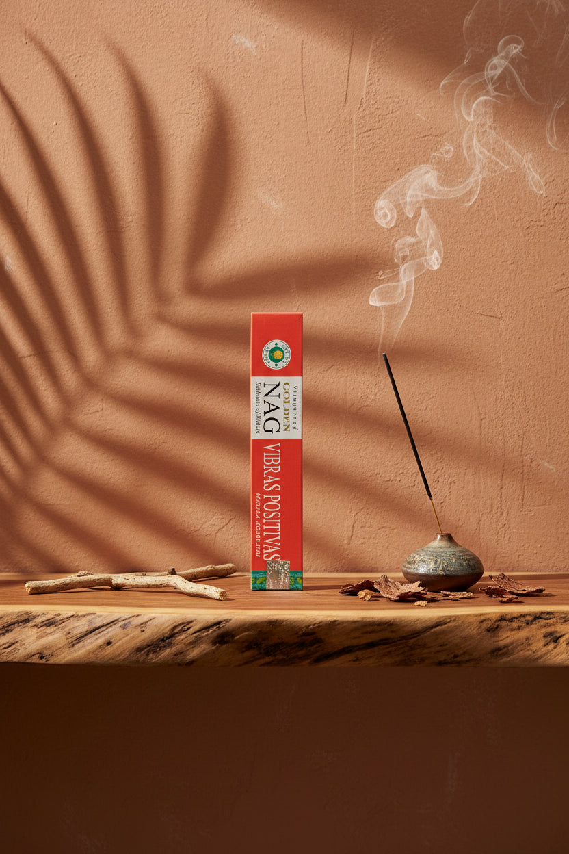  Astuccio di Incenso Golden Nag Vibras Positivas Vijayshree su mensola di legno grezzo davanti a parete terracotta con ombre di foglie di palma, portaincenso artigianale con stick e scaglie di corteccia, da Erboristeria La Clessidra Carpi