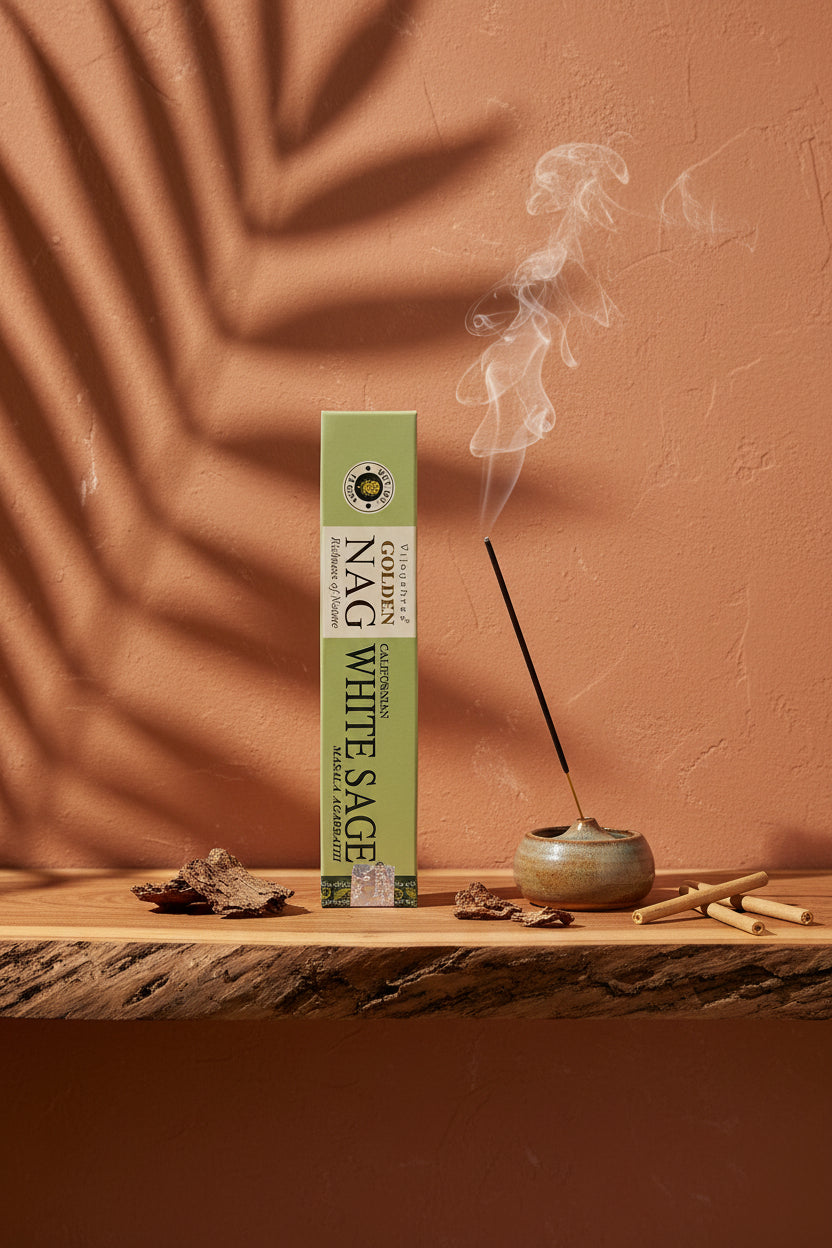 Astuccio di Incenso Golden Nag White Sage (Salvia Bianca) Vijayshree su mensola di legno grezzo davanti a parete terracotta con ombre di foglie di palma, portaincenso artigianale con stick e scaglie di corteccia, da Erboristeria La Clessidra Carpi.